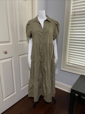 Calvin Klein Women's olive color Cotton Tiered Midi Shirtdress